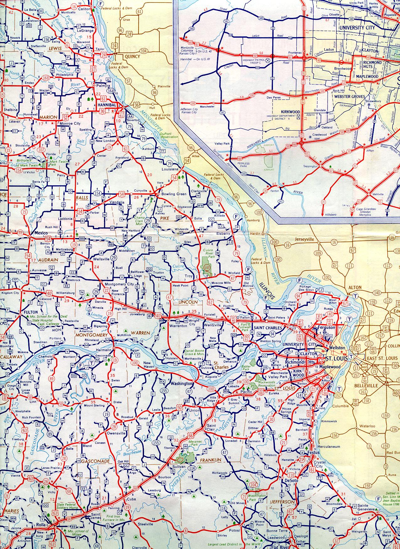 Section of 1957 official highway map for Missouri