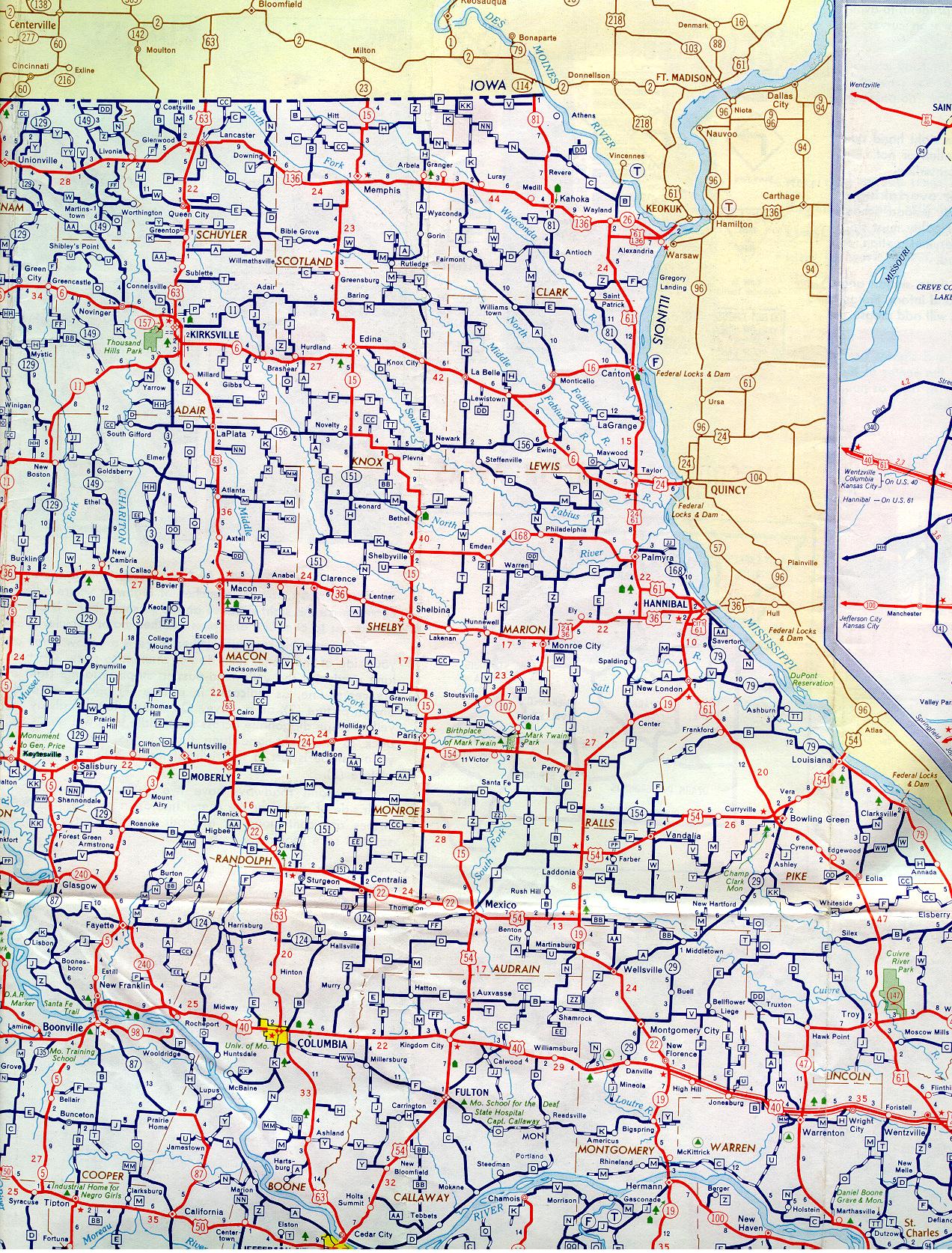 Section of 1957 official highway map for Missouri