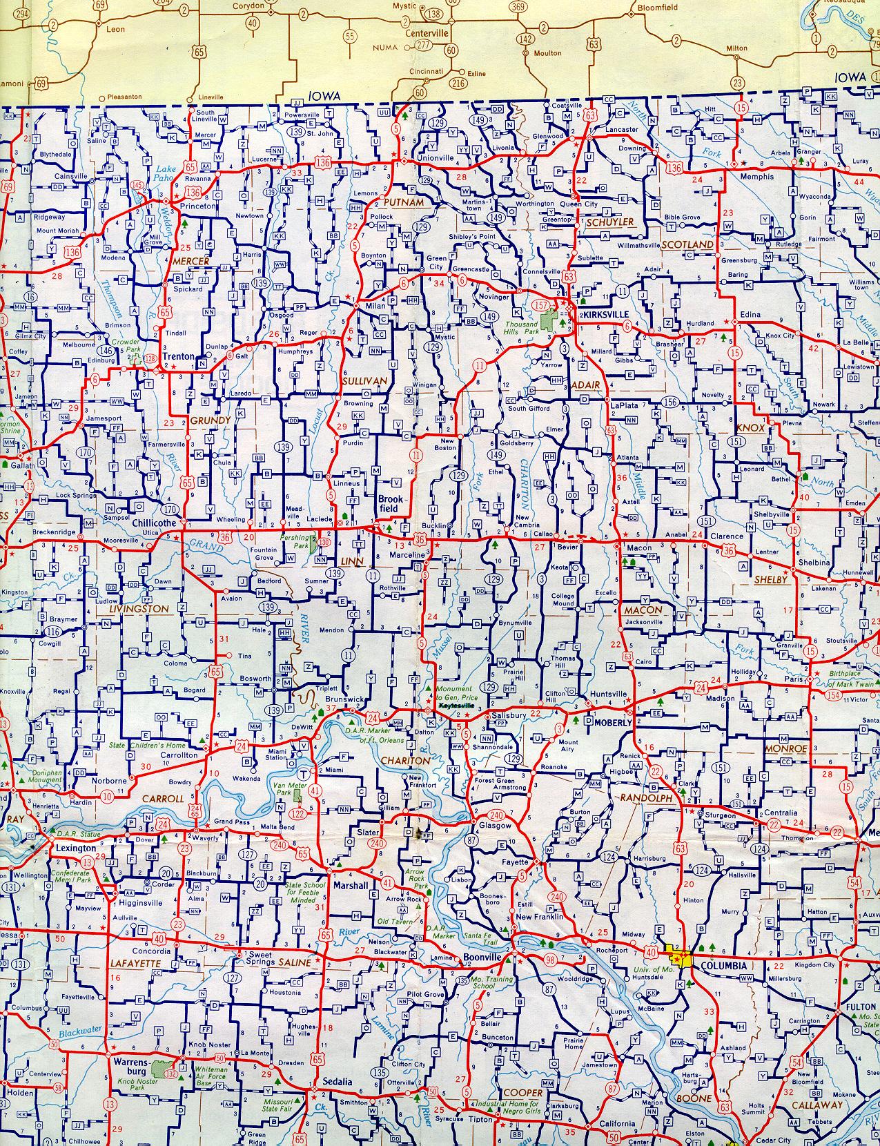 Section of 1957 official highway map for Missouri