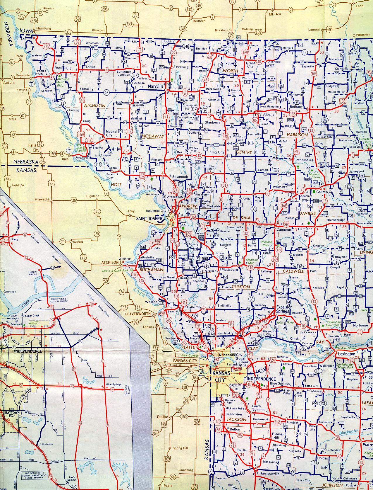 Section of 1957 official highway map for Missouri