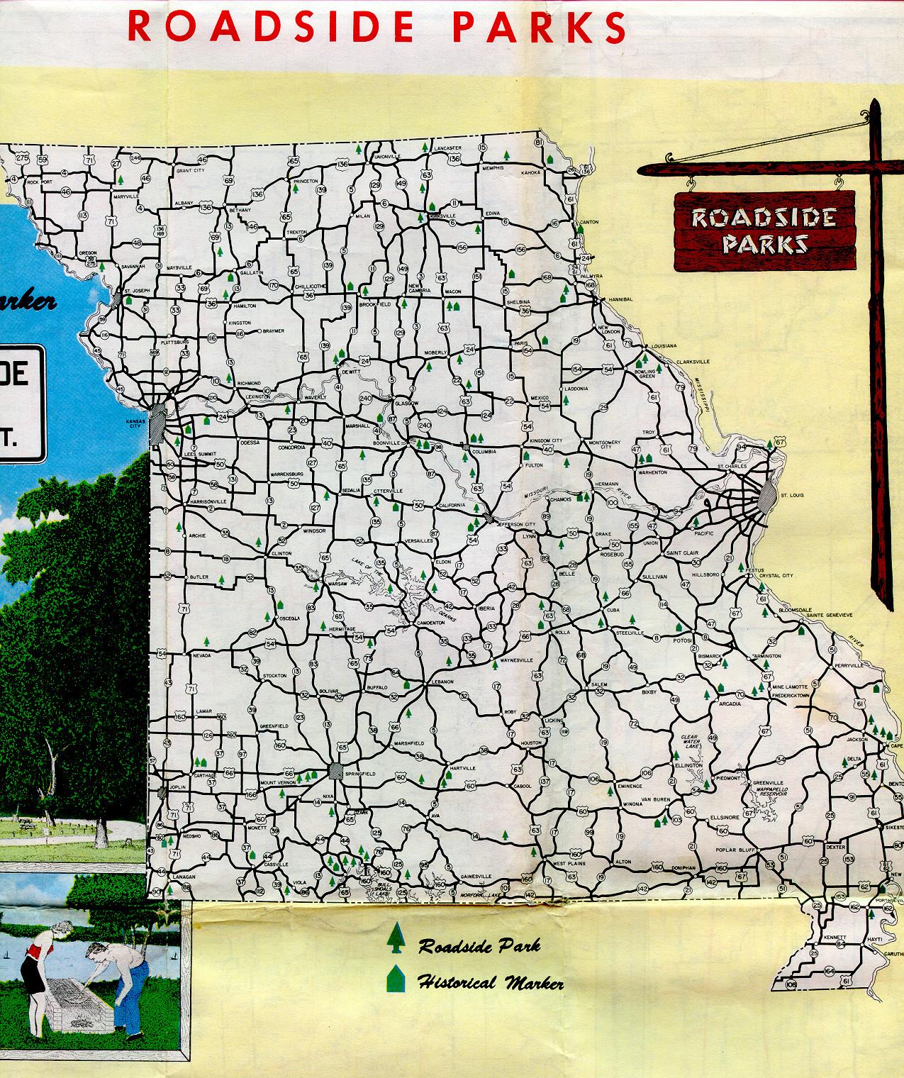Section of 1957 official highway map for Missouri