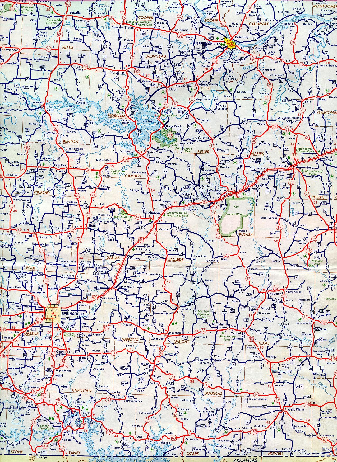 Section of 1957 official highway map for Missouri