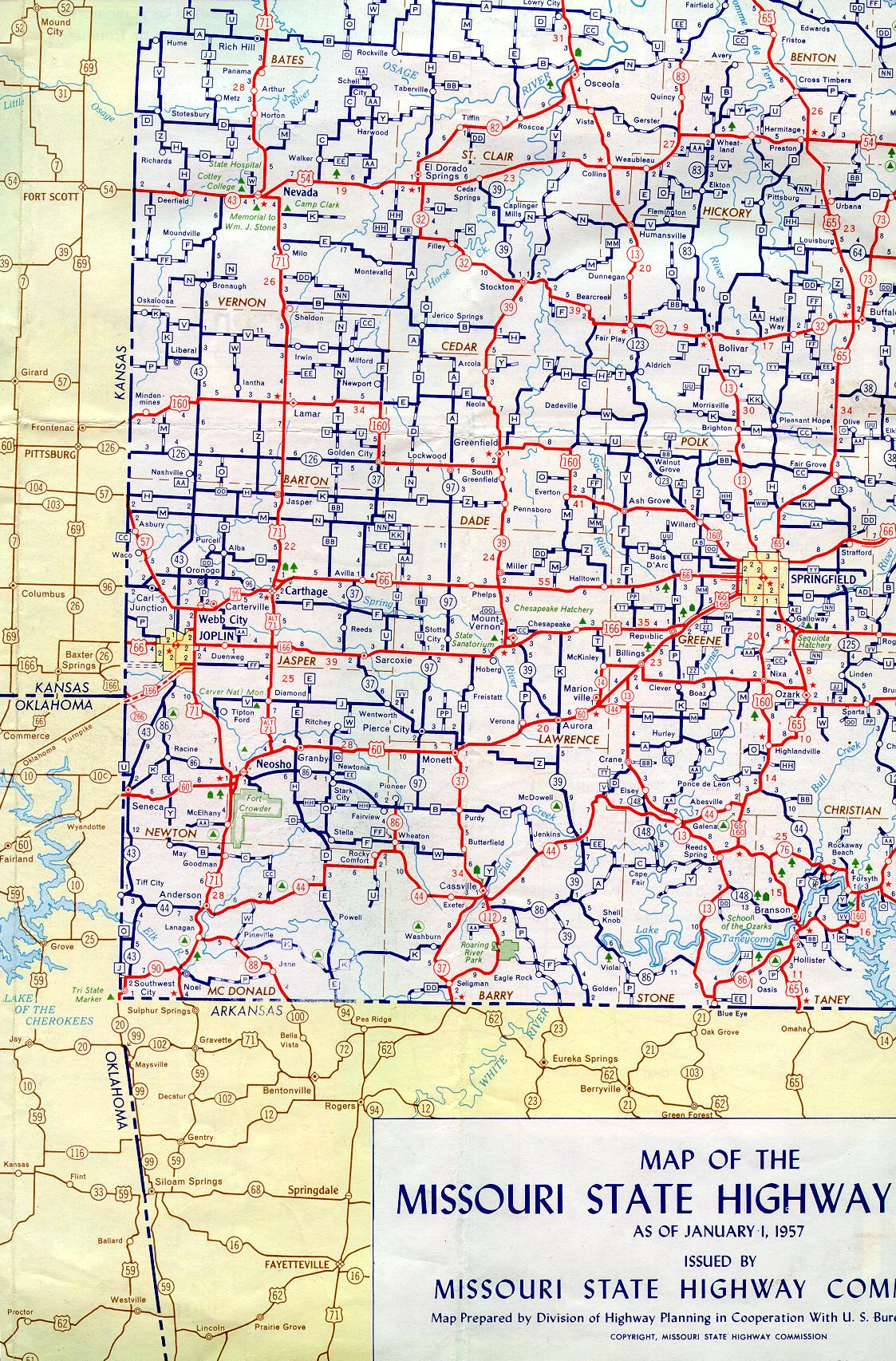 Section of 1957 official highway map for Missouri