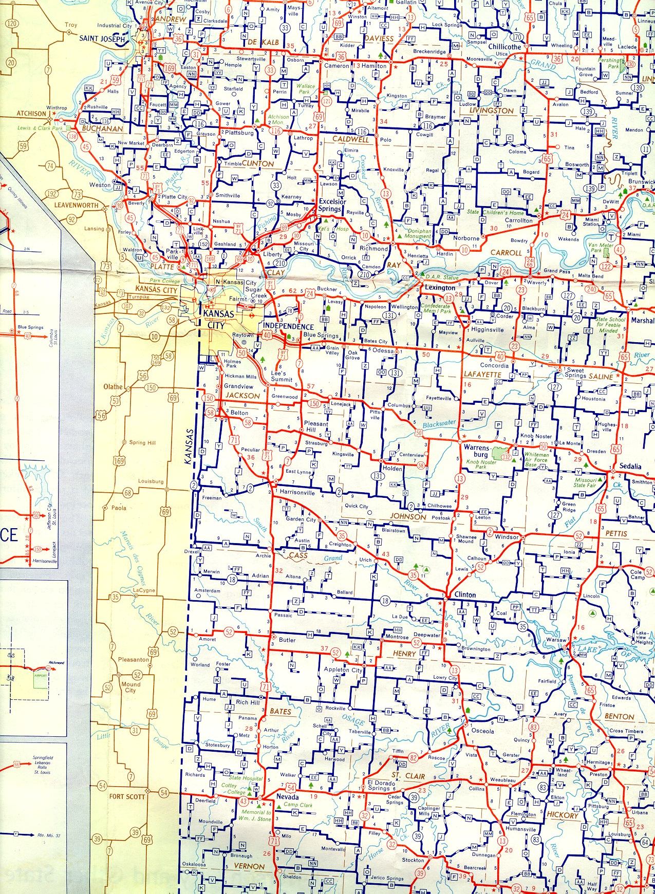 Section of 1957 official highway map for Missouri