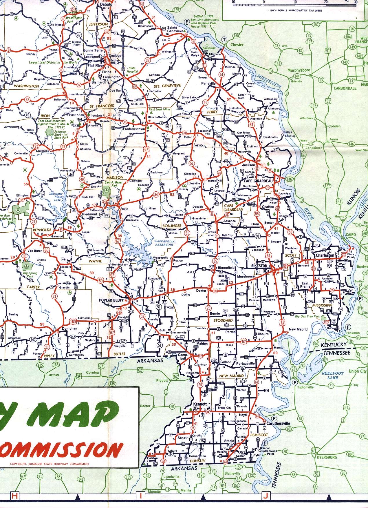 Bootheel section of Missouri from 1958 official highway map
