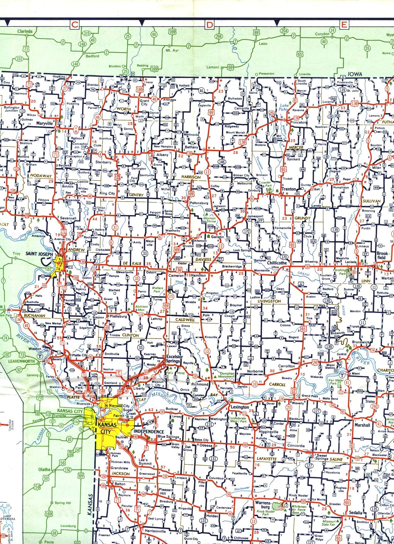 Northwest-central section of Missouri from 1958 official highway map