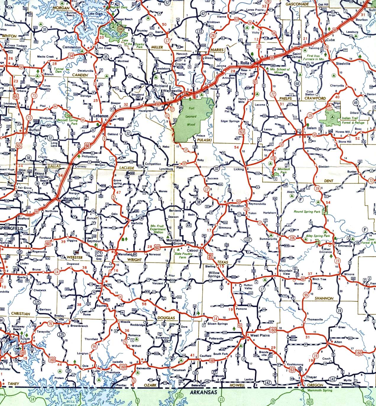South-central section of Missouri from 1958 official highway map