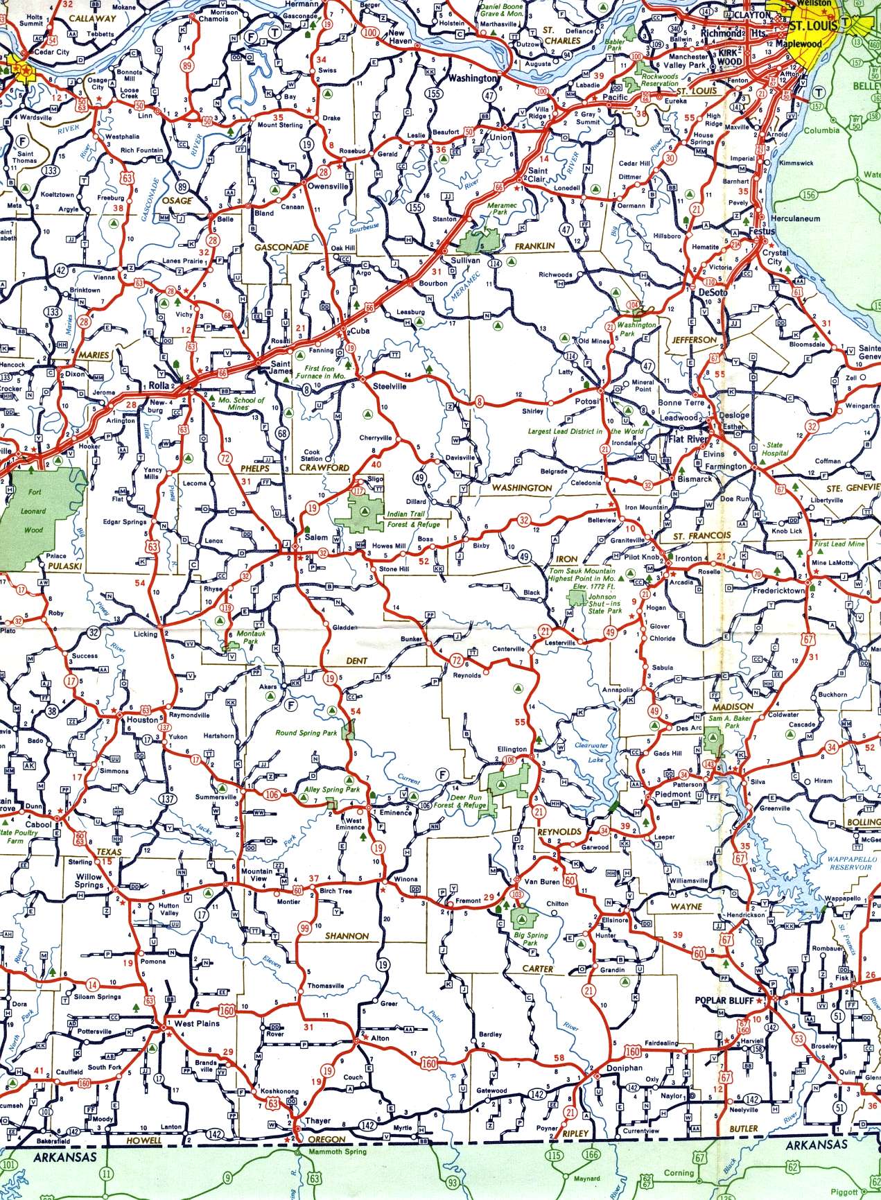 Southeast-central section of Missouri from 1958 official highway map