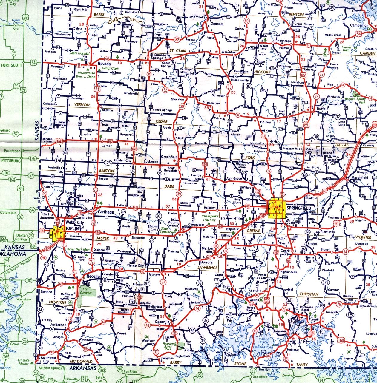 Southwest corner of Missouri from 1958 official highway map