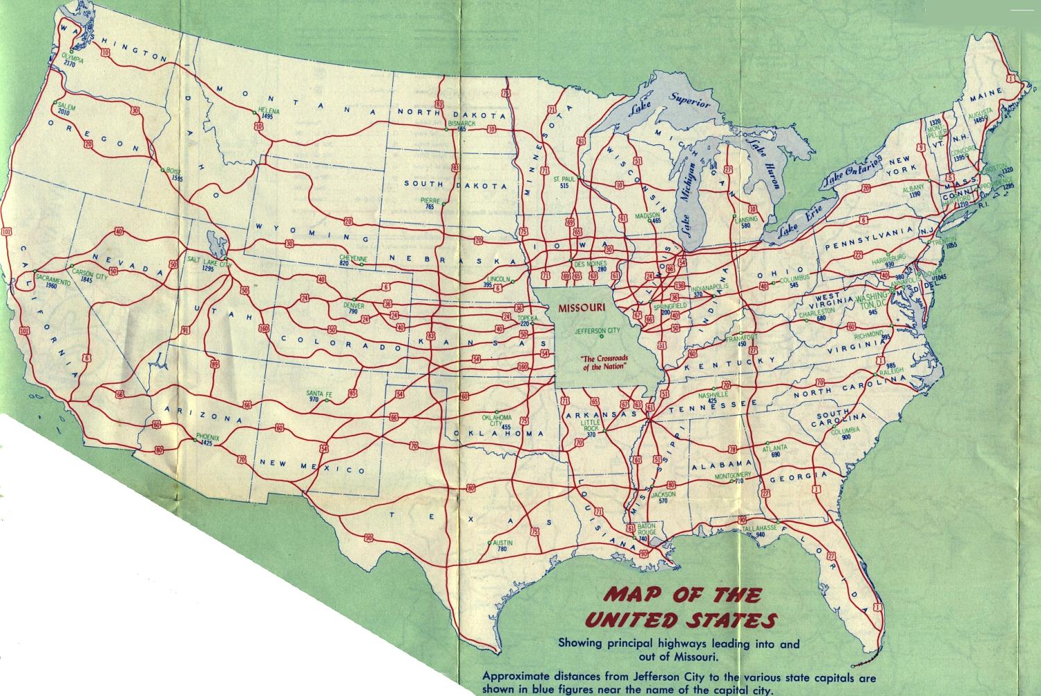 U.S. highways map on the reverse side of the 1958 official Missouri highway map