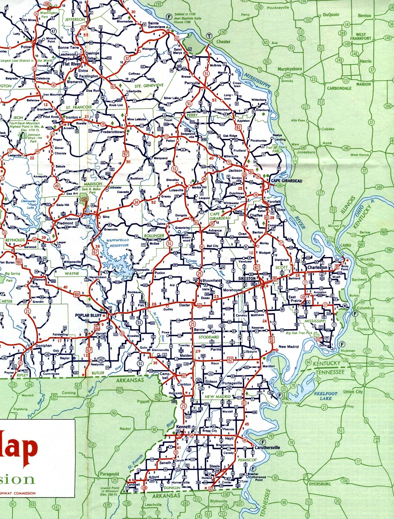 Bootheel section of Missouri from 1959 official highway map