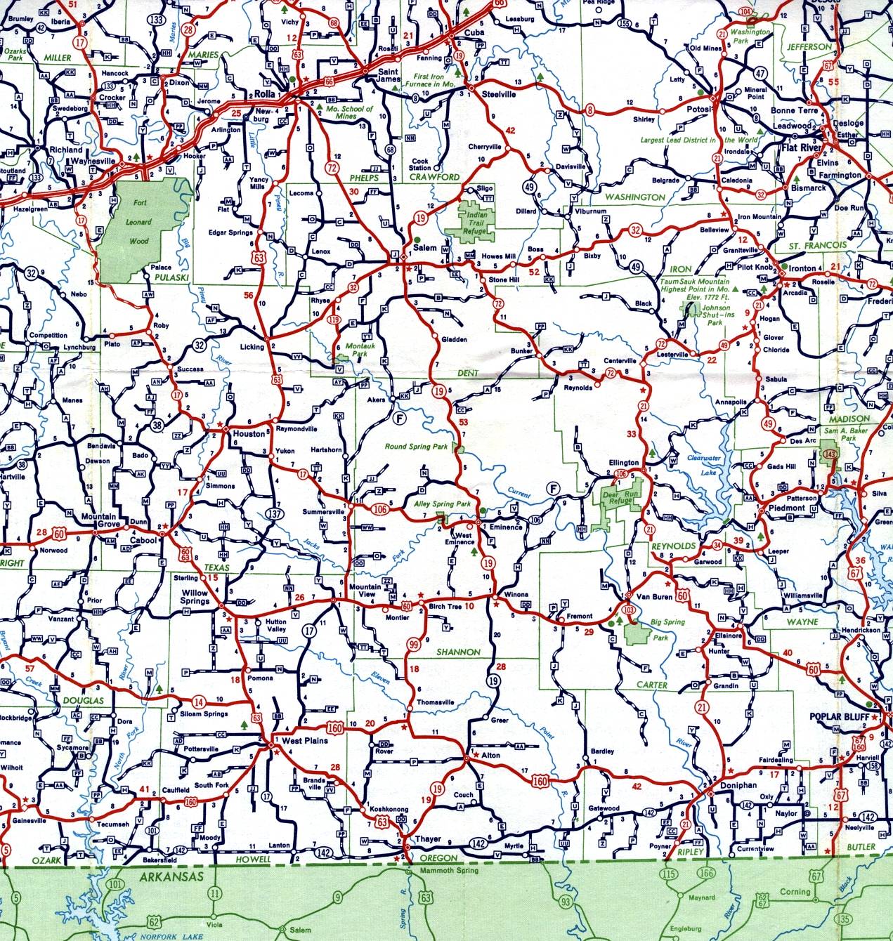 Southeast-central section of Missouri from 1959 official highway map