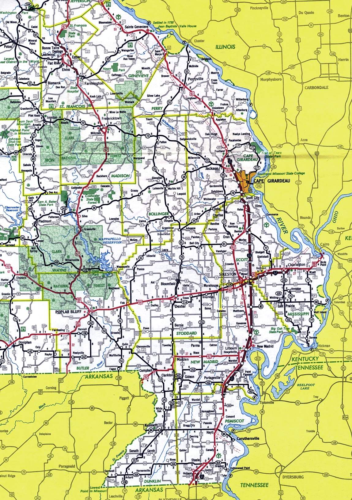 Bootheel section of Missouri from 1969 official highway map
