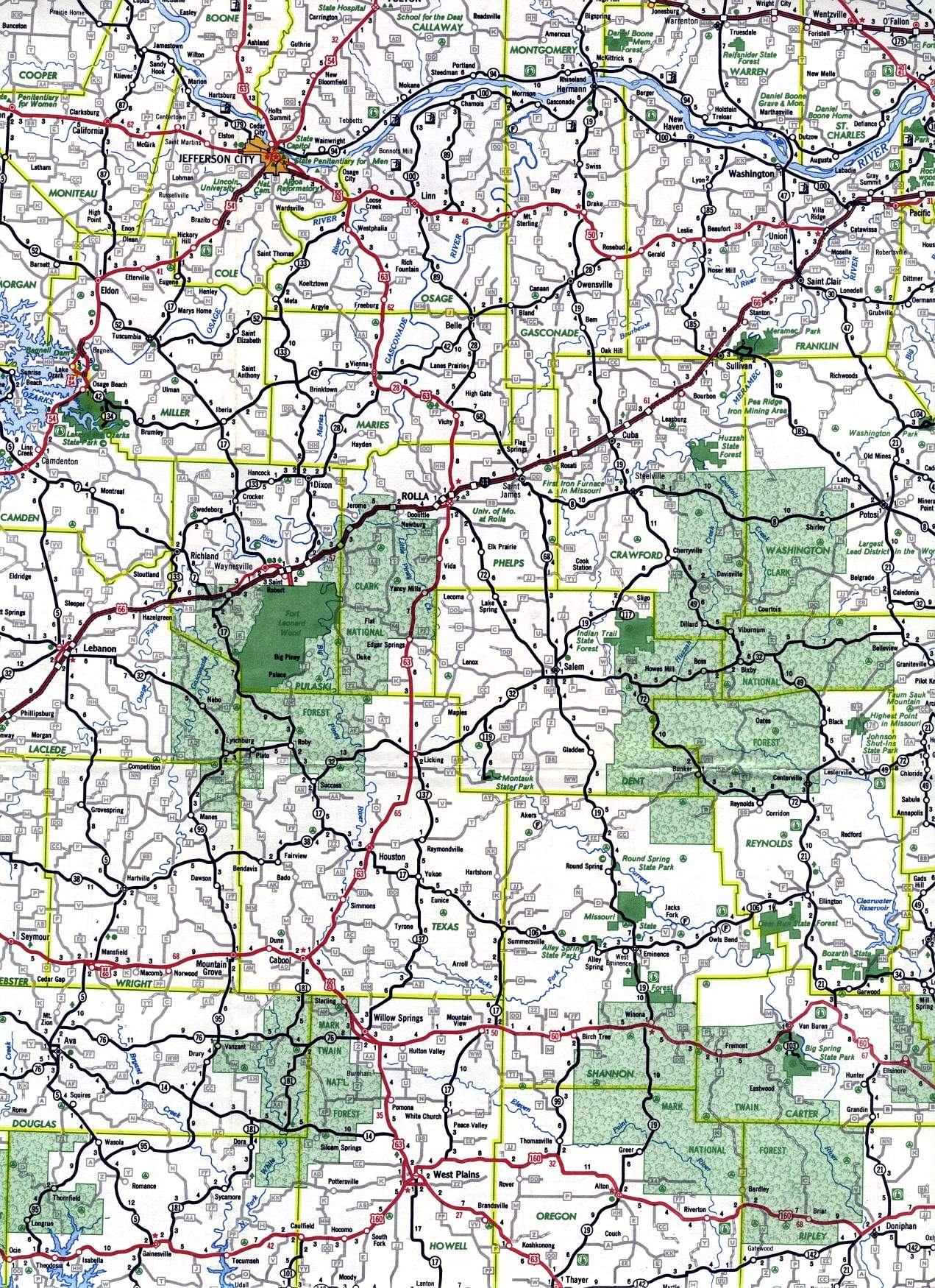 South-central section of Missouri from 1969 official highway map
