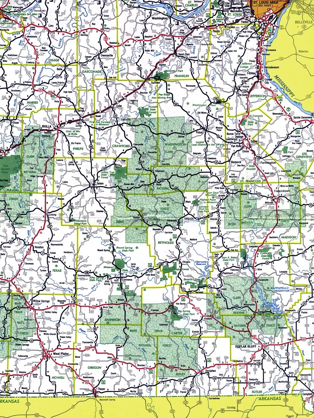 Southeast-central section of Missouri from 1969 official highway map