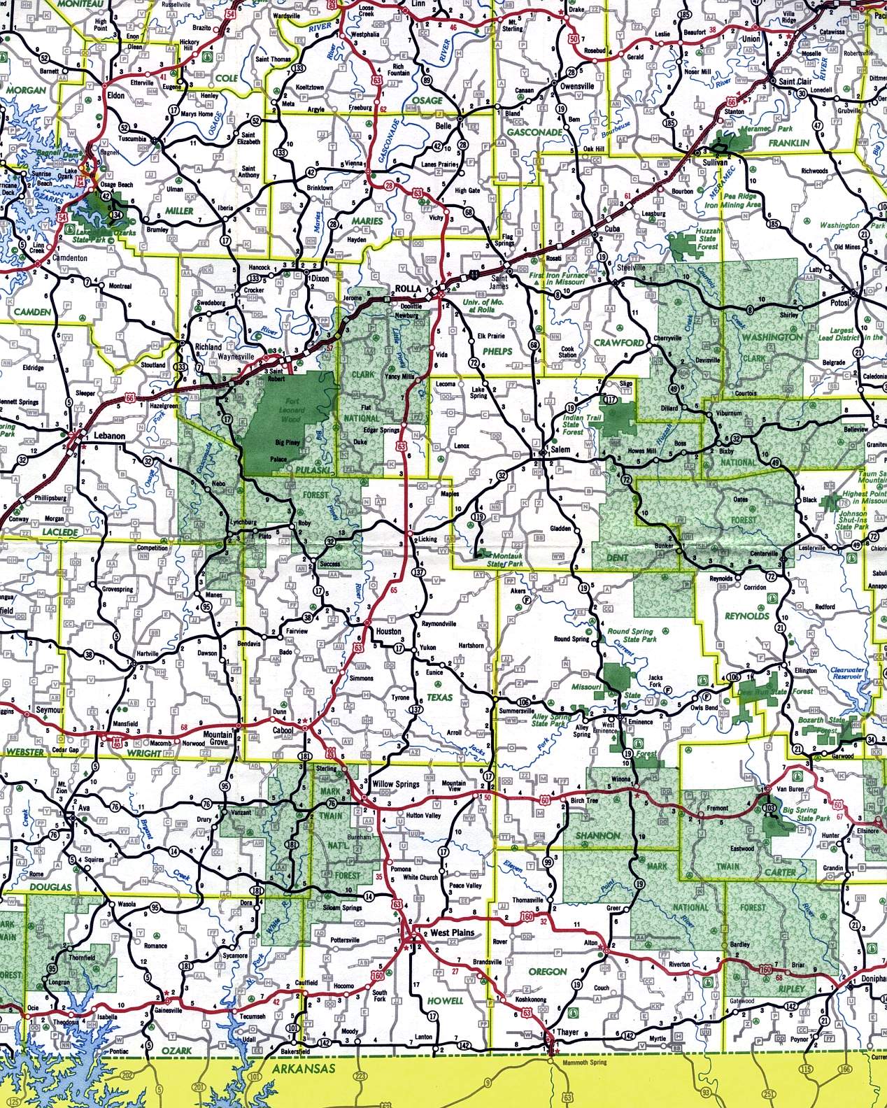 Southwest-central section of Missouri from 1969 official highway map
