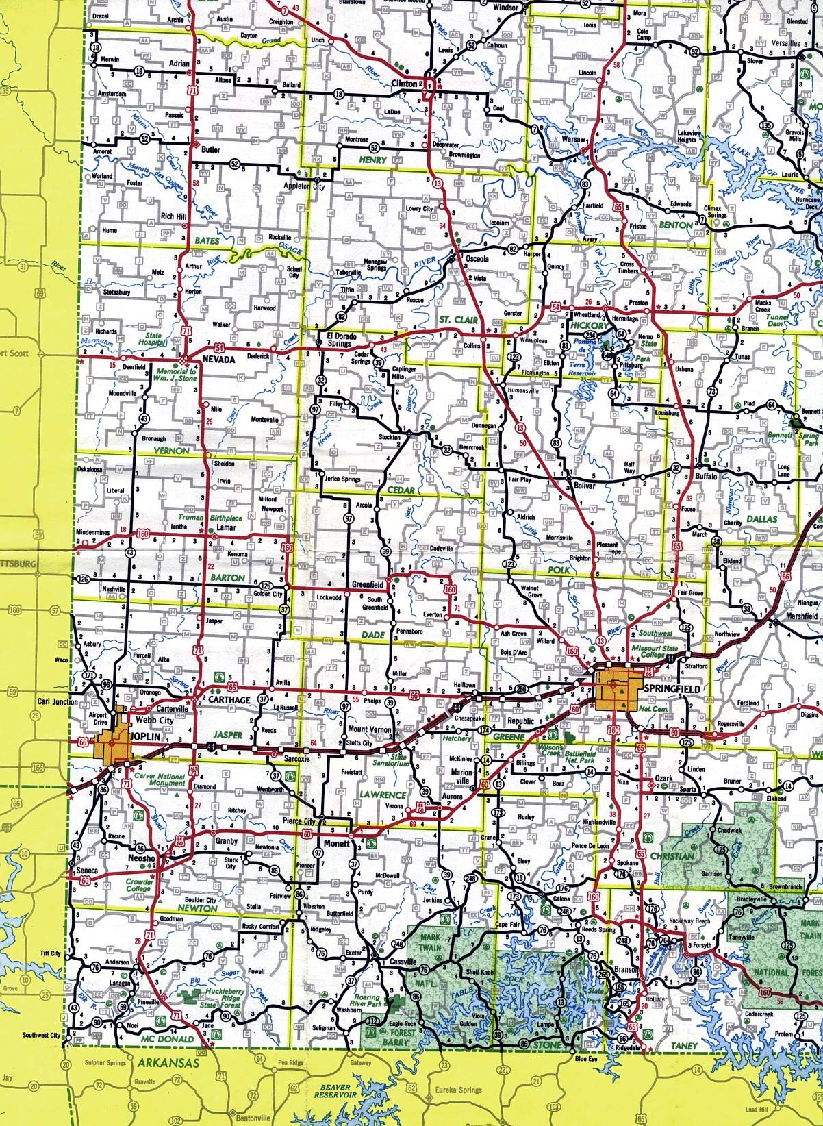 Southwest corner of Missouri from 1969 official highway map