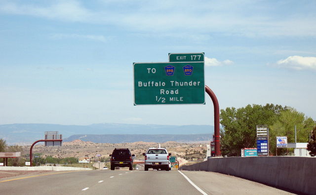 Advance exit sign on US 84-285 at the Pojoaque Pueblo in New Mexico