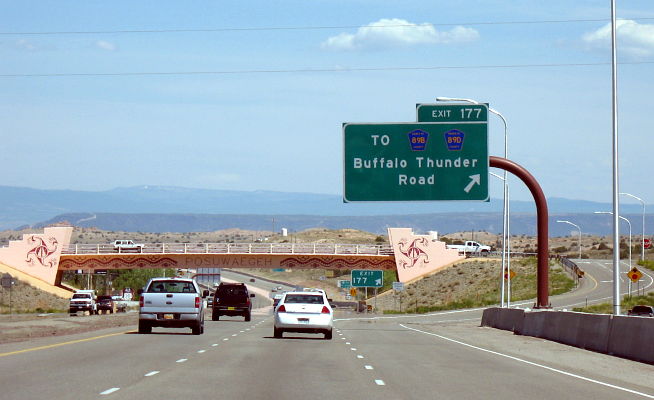 Exit sign from US 84-US 285 at the Pojoaque Pueblo in New Mexico