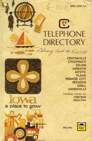 Centerville, Iowa phone directory cover, 1972
