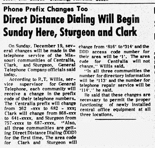 1971 area code changes in Central Missouri