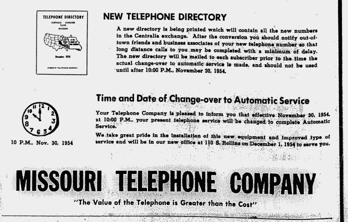 How to dial a telephone, Centralia, Mo., 1954 newspaper ad