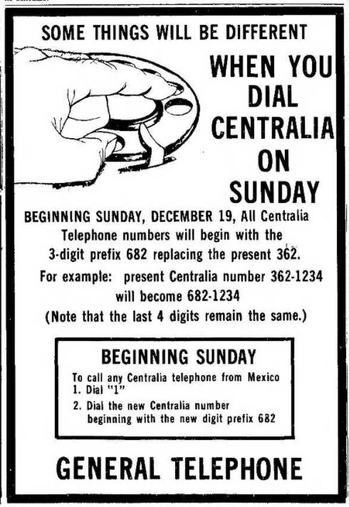 Advertisement in the Mexico (Mo.) Ledger describing changes in Centralia phone numbers in December 1971