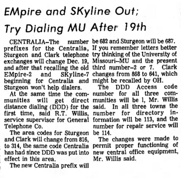 Text of article in Mexico (Mo.) Ledger on phone service changes in the nearby communities of Centralia, Sturgeon, and Clark served by General Telephone; the article is written in a jocular style