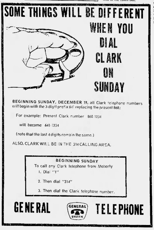 Advertisement in the Moberly (Mo.) Monitor-Index describing changes in Clark phone numbers in December 1971