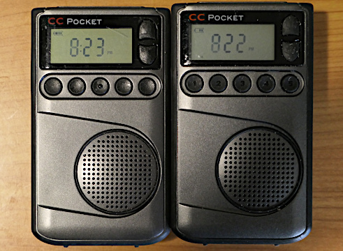 Pictures of fading frequency/time displays on versions of the CC Pocket radio