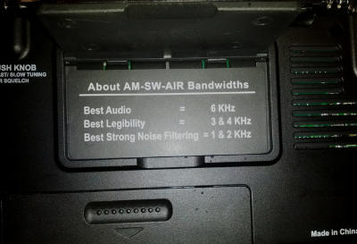 Bandwidth listing on rear of CC Skywave radio