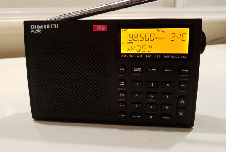 Digitech AM/FM/SW/etc DSP radio, tuned to KQED-FM