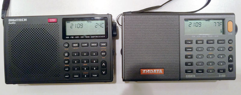 Digitech AM/FM/SW/etc DSP radio, next to the nearly identical XHDATA D-808