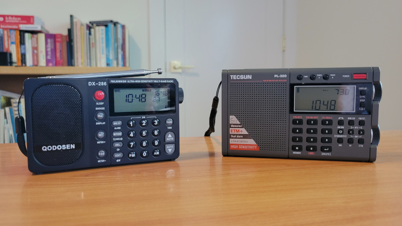 The Qodosen DX-286 and Tecsun PL-320 AM/FM/SW radios side-by-side