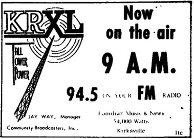 Advertisement for KRXL(FM), Kirksville, Mo.
