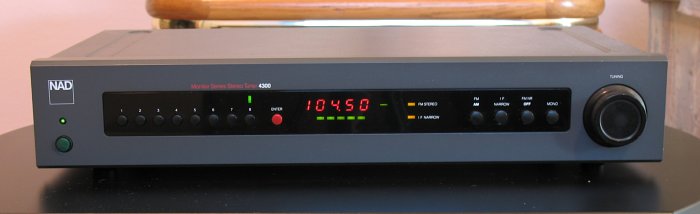 Front of the NAD 4300 AM/FM tuner, tuned to what was then KFOG(FM) in San Francisco (now KNBR-FM) at 104.5 MHz