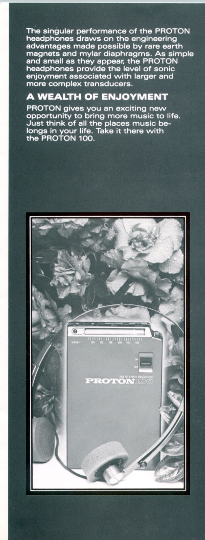 Page in the Proton 100 pocket FM radio brochure regarding headphones for the unit