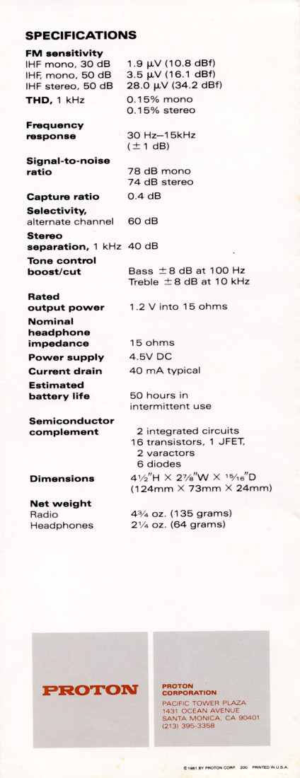 Specifications for Proton 100 pocket FM radio