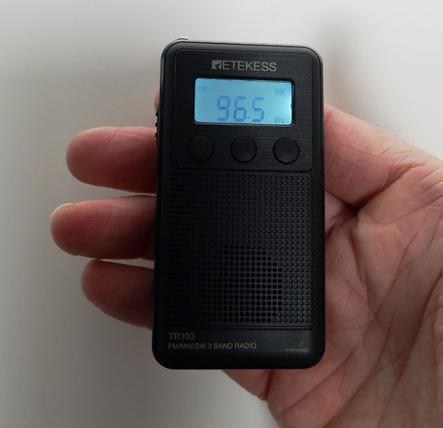 Retekess TR103 AM/FM radio and media player, smaller than a hand