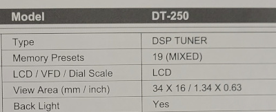 Sangean DT-250 AM/FM radio specifications (excerpt)