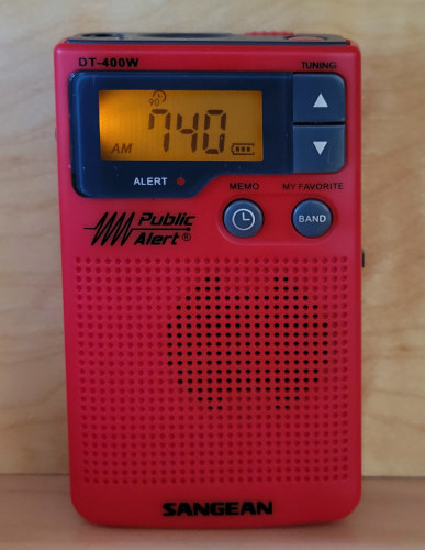 Sangean DT-400, red version, tuned to KCBS(AM)