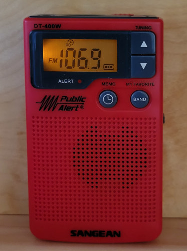 Sangean DT-400W, red version, tuned to KFRC-FM