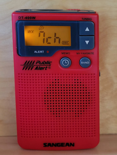 Sangean DT-400W, red version, tuned to a National Weather Service weather radio station