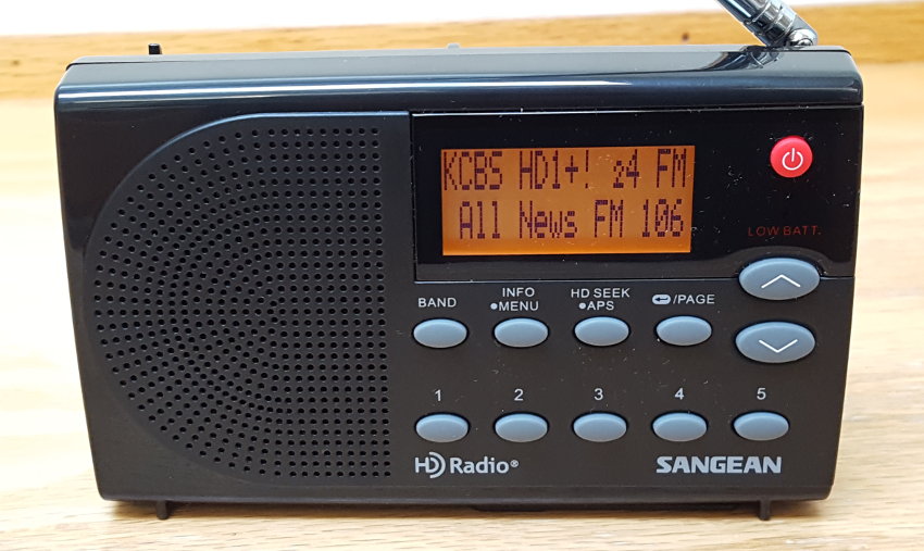 Sangean HDR-14 AM/FM HD DSP radio, tuned to KFRC-FM