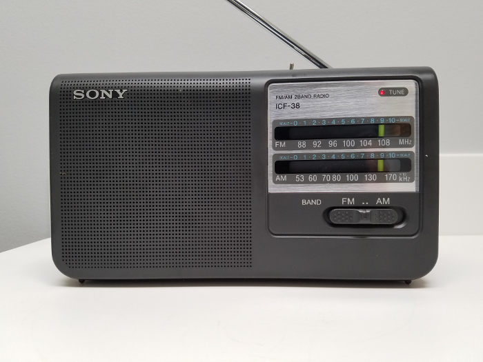 Front of Sony ICF-38 AM/FM radio
