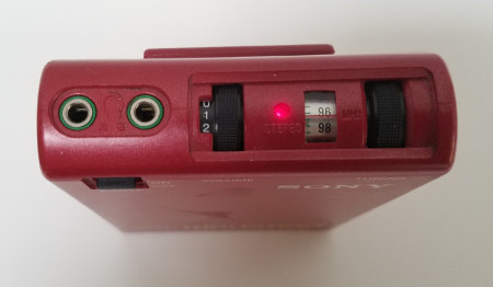 Top of the Sony SRF-30W FM Walkman in a red case