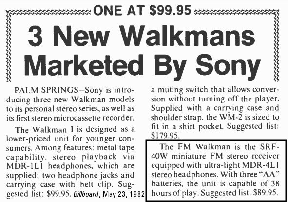 Article in Billboard on the first Sony FM Walkman (1981)
