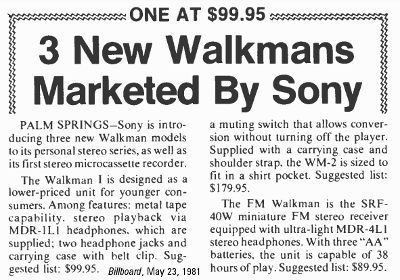 Billboard, May 23, 1981, article on Sony Walkman model introductions