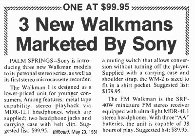 Billboard, May 23, 1981, article on Sony Walkman model introductions