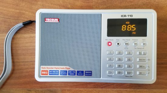 Showing the tuning display on the Tecsun ICR-110, tuned to KQED-FM